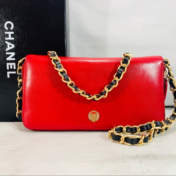 CHANEL Handbags - CHANEL Red Leather Zip Wallet on Chain